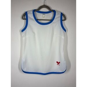 Vintage 60s 70s Tennis Sleeveless Top Women's Medium Mod Groovy GoGo White Blue